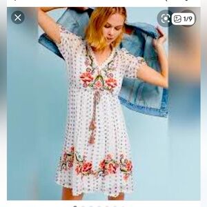 ANTHROPOLOGIE MEADOW RUE EMBROIDERED SHEER BOHO FAIRY FLORAL DRESS GREAT COND M